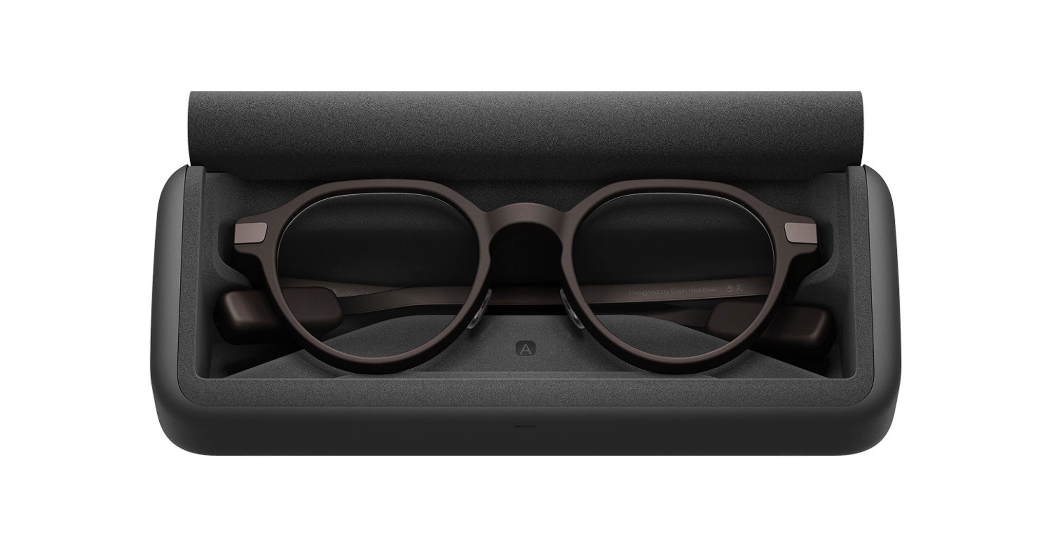 Even Realities G2 A smart eyeglasses by Even Realities shown from above inside an open black hard case with shaped interior.
