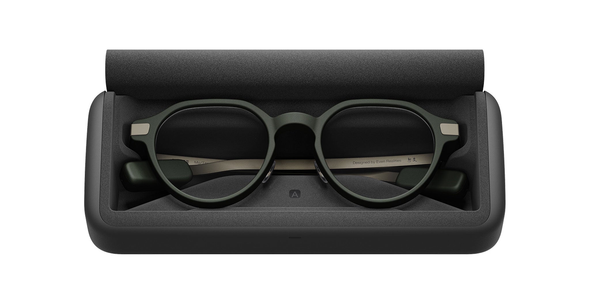 Even Realities G2 A Smart Eyeglasses in an open hard case, top-down view showing glasses securely positioned inside.