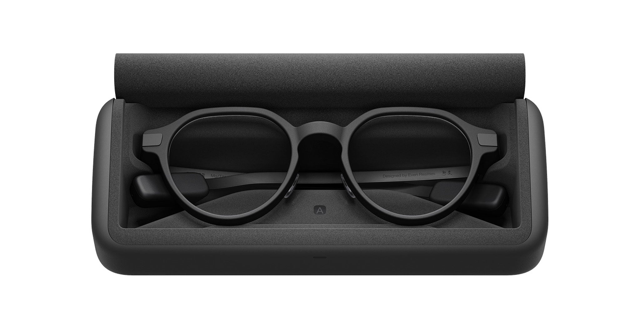 Even Realities G2 A smart eyeglasses by Even Realities in black case, top view showing glasses arranged neatly inside.