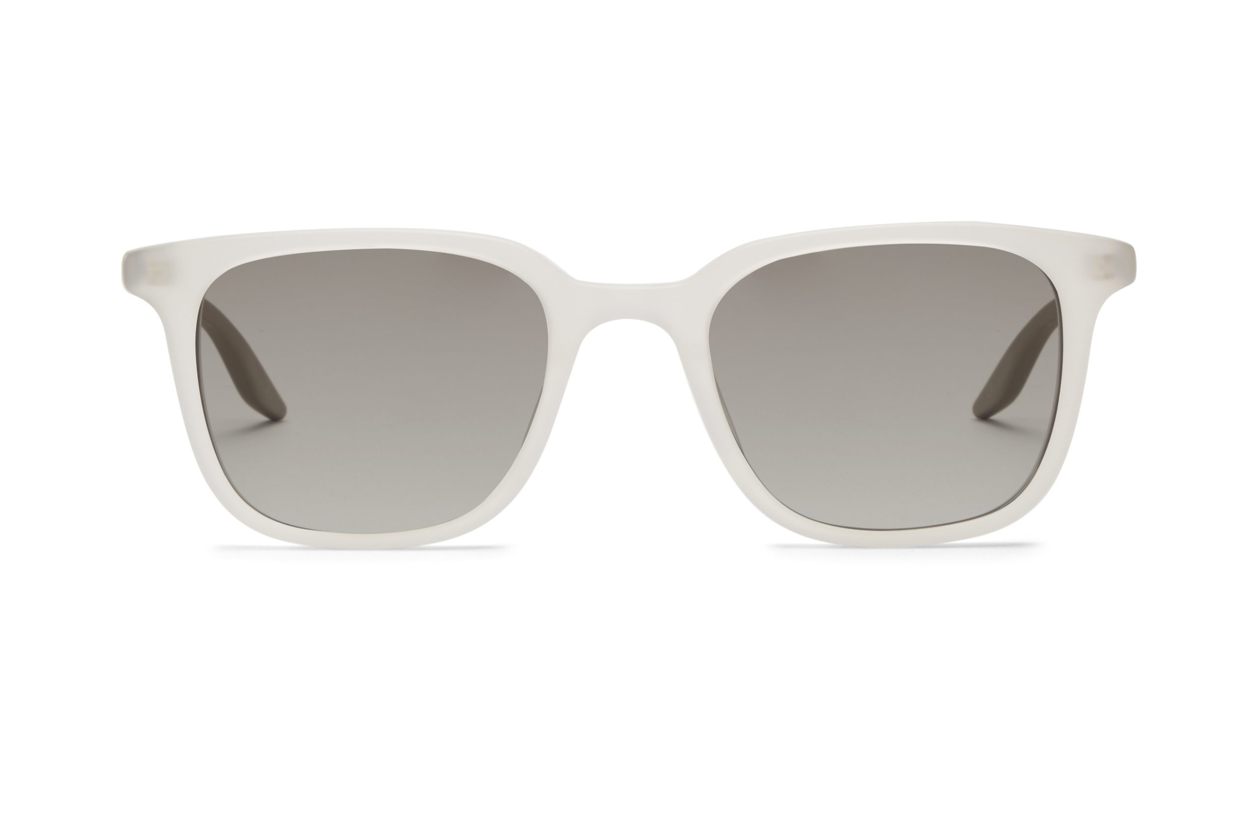 Front view of a pair of sunglasses with white, rectangular frames and gray-tinted lenses on a plain white background.