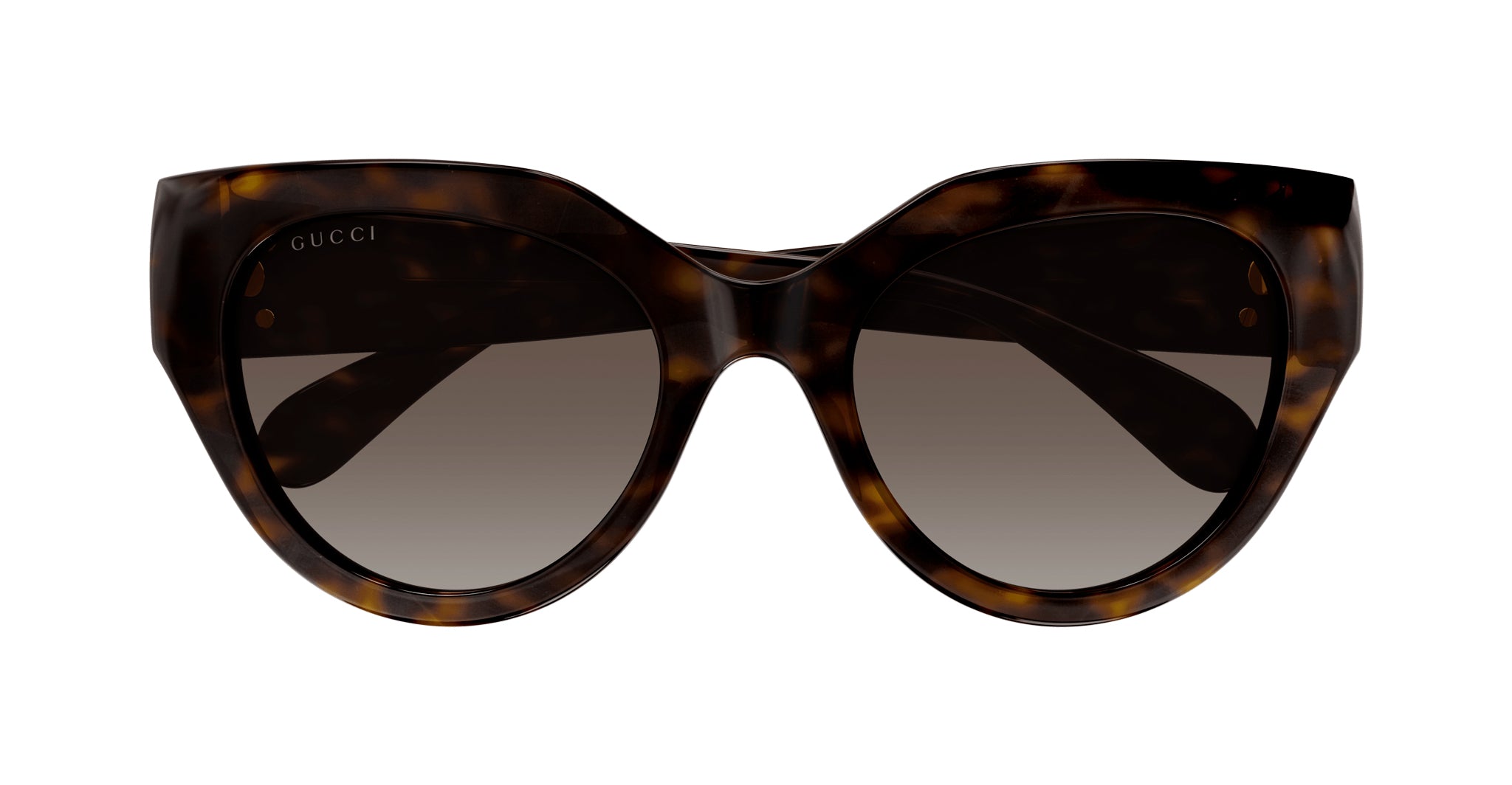 Gucci GG1408S cat-eye sunglasses in a tortoiseshell pattern with dark gradient lenses and the Gucci logo on the upper left frame, shown against a white background.