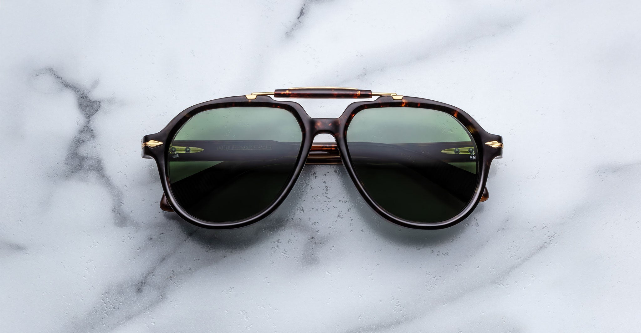 Jacques Marie Mage 1991 tortoiseshell aviator sunglasses with UV lenses, front view.