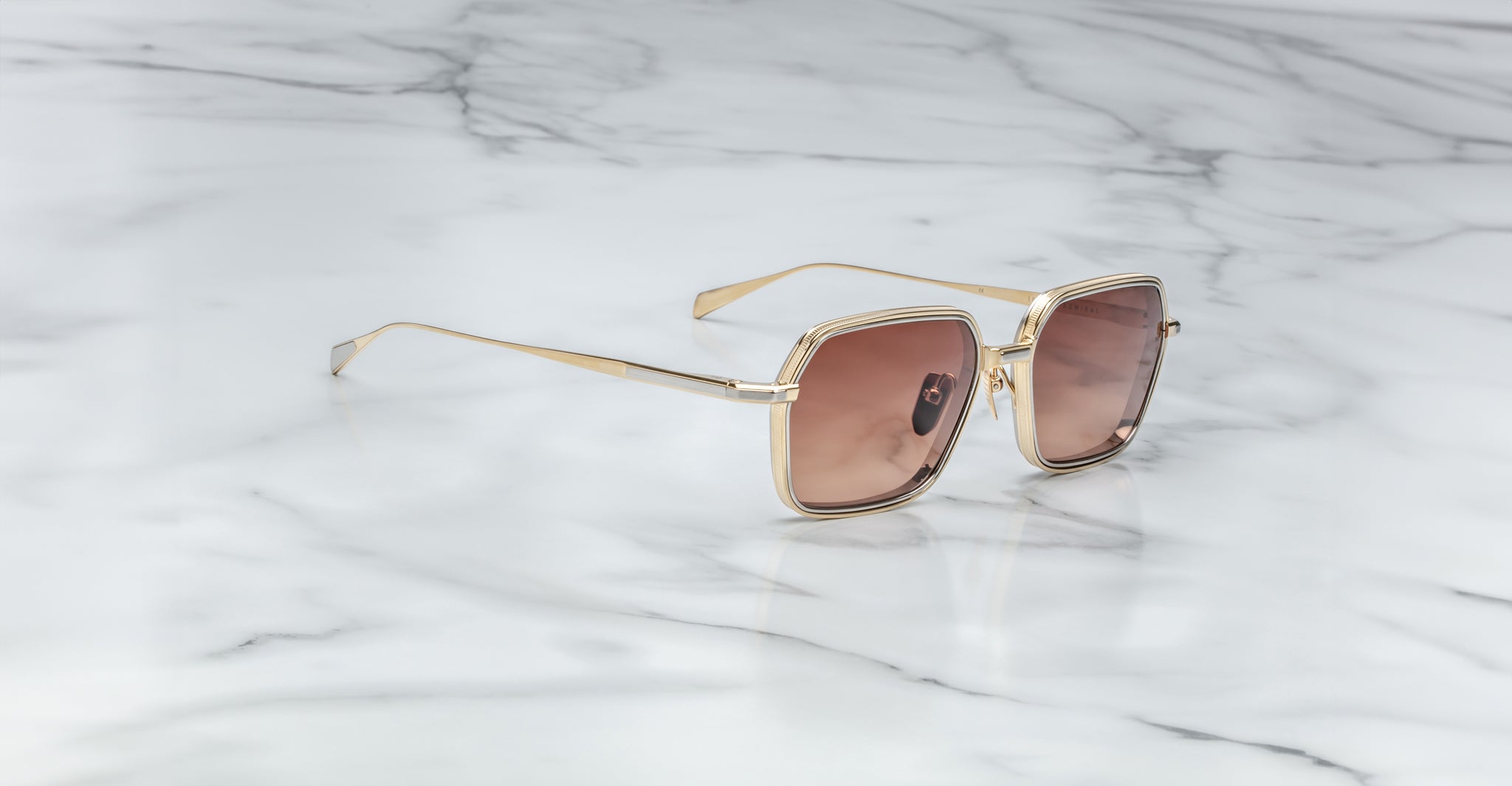 Jacques Marie Mage Admiral gold square sunglasses with brown lenses, front view.