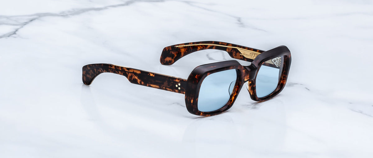 Jacques Marie Mage Aldo tortoiseshell sunglasses with blue lenses, front angle view.