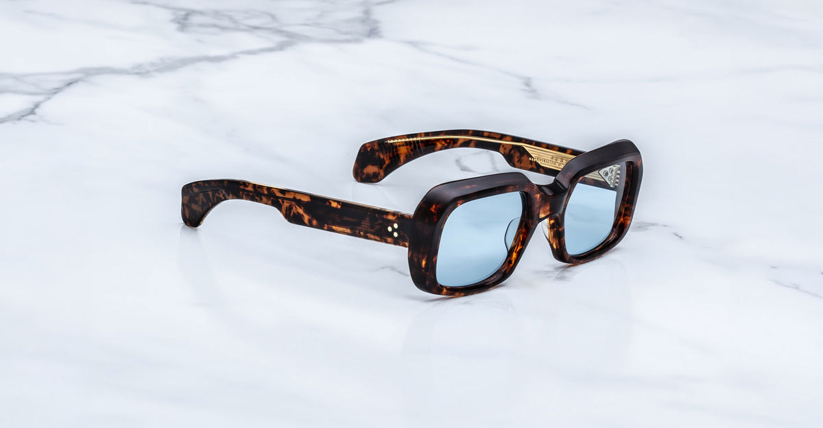 Jacques Marie Mage Aldo tortoiseshell sunglasses with blue lenses, front angle view.