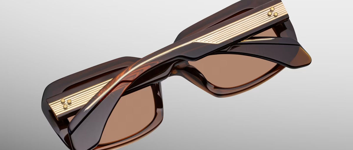 Jacques Marie Mage Aldo sunglasses, rectangular brown frames with gold metal arms, rear view.