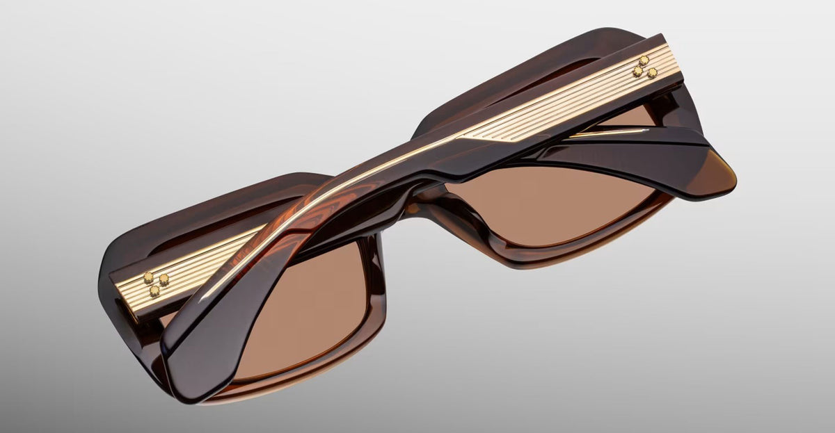 Jacques Marie Mage Aldo sunglasses, rectangular brown frames with gold metal arms, rear view.