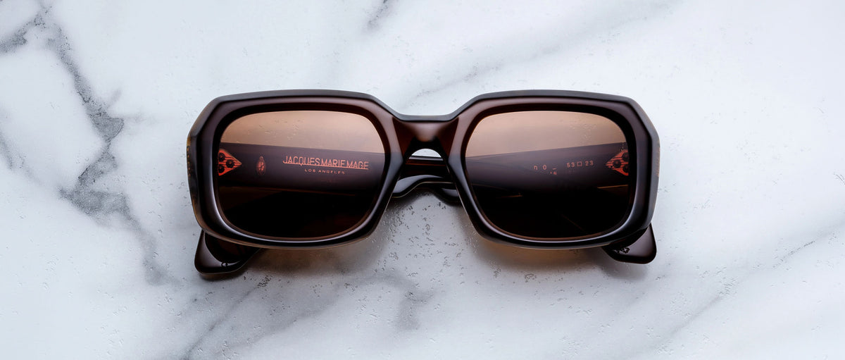 Jacques Marie Mage Aldo brown square sunglasses with dark lenses, front view, eyewear product.