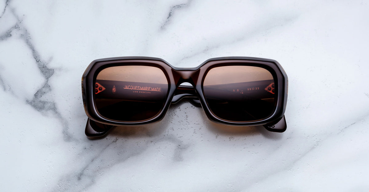Jacques Marie Mage Aldo brown square sunglasses with dark lenses, front view, eyewear product.