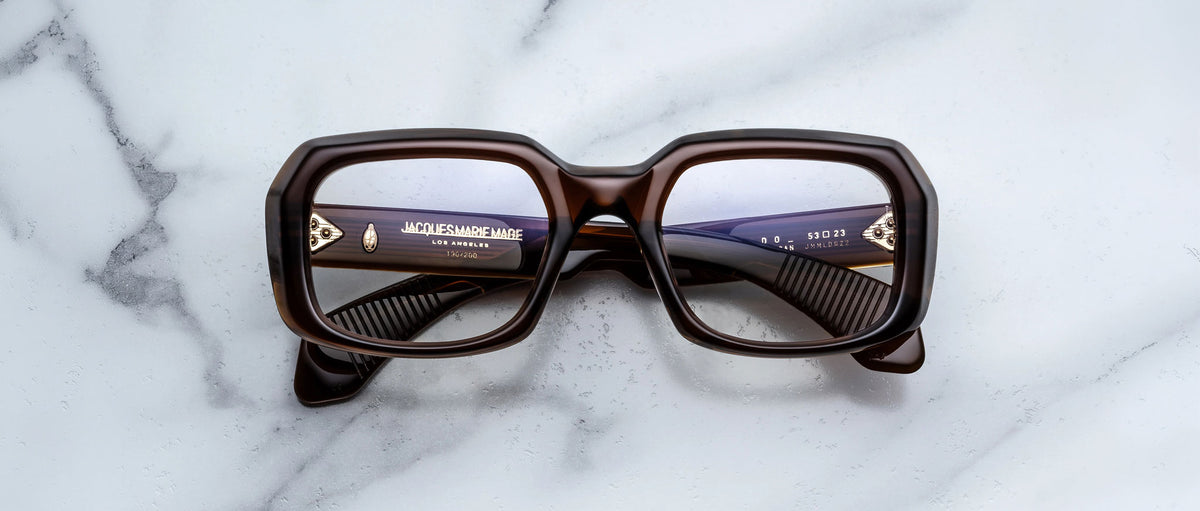 Jacques Marie Mage Aldo square brown eyeglasses with reflective lenses, front view.