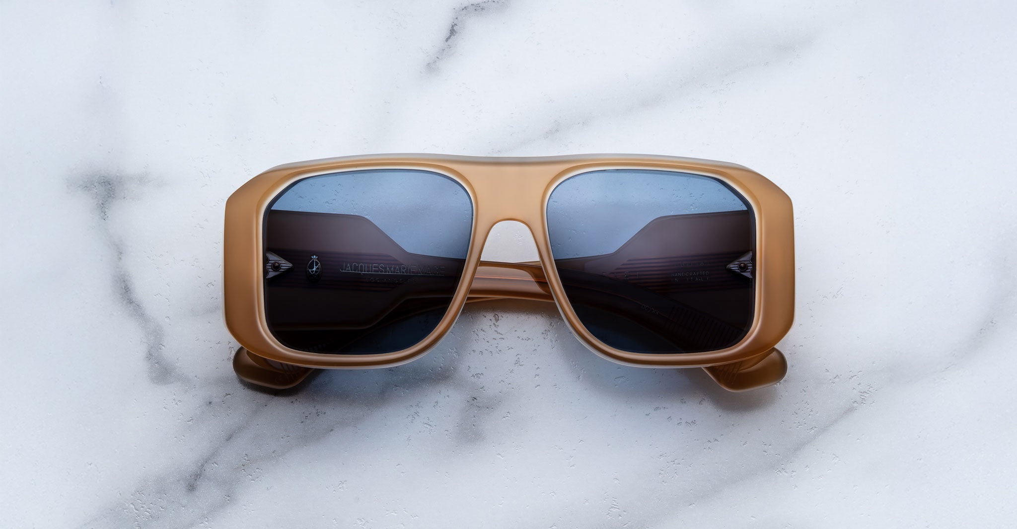 Jacques Marie Mage Alfie oversized sunglasses with blue lenses, front view.