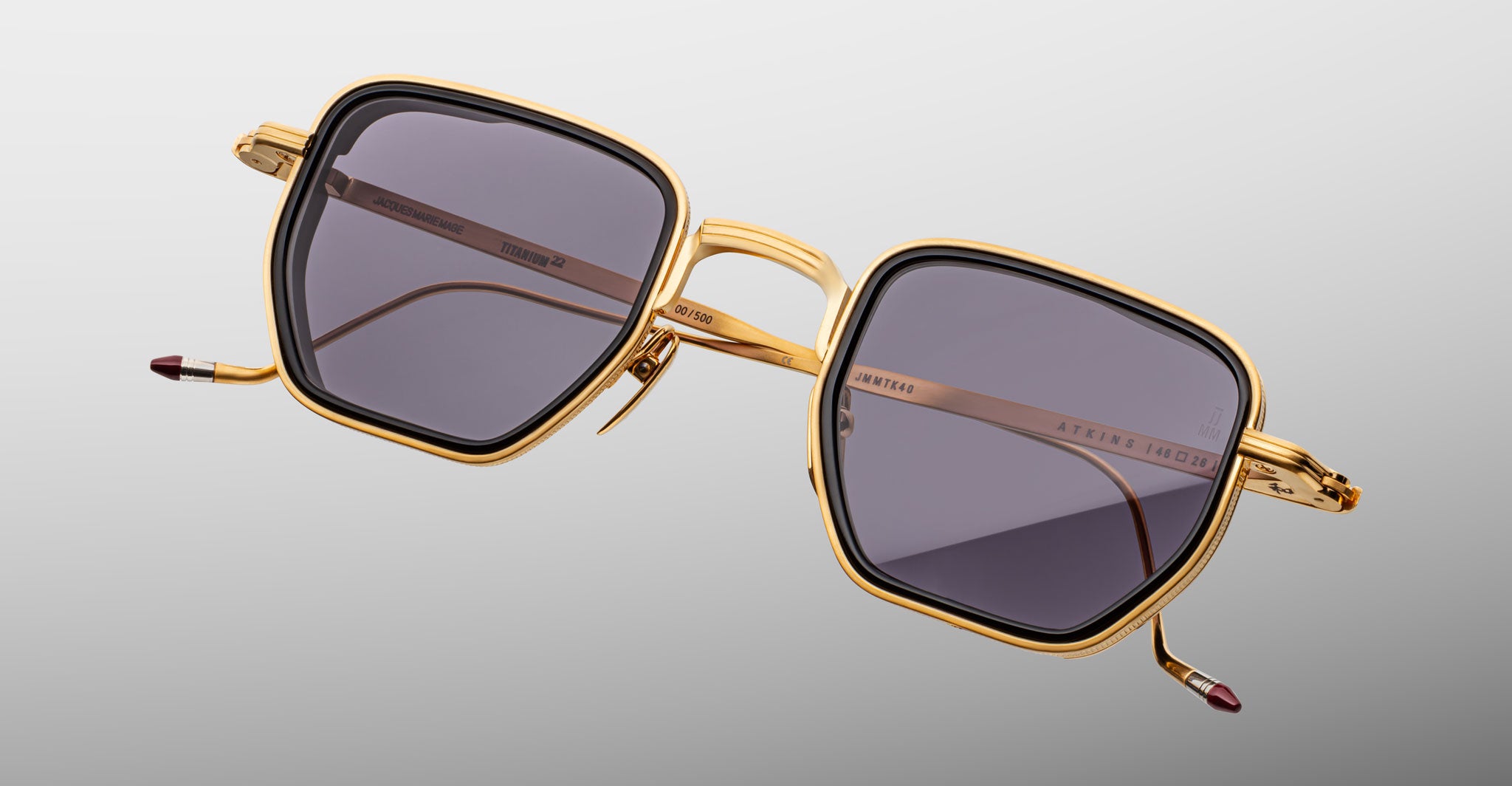 Jacques Marie Mage Atkins gold square sunglasses with UV-protection tinted lenses, front view.