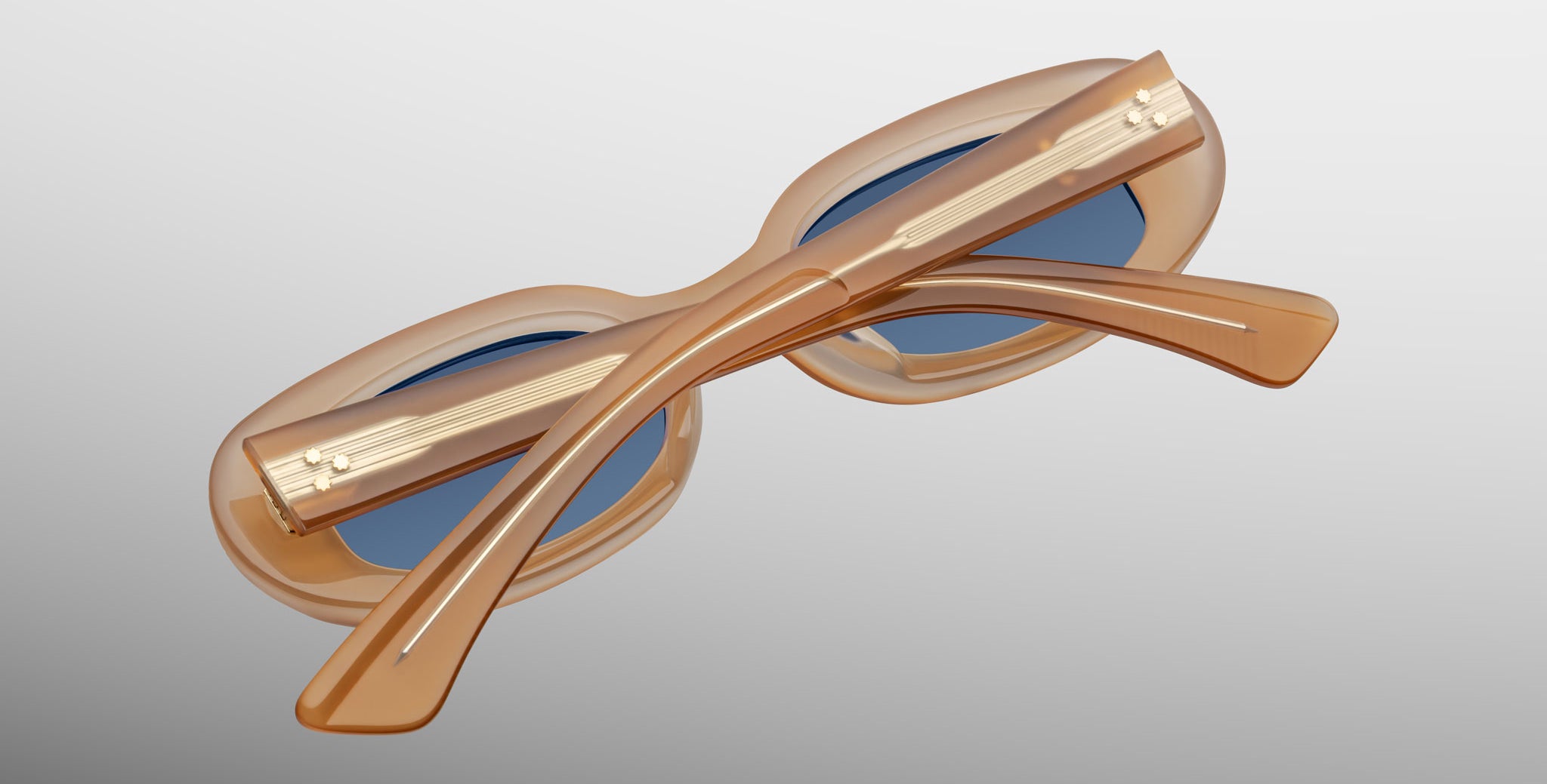 Jacques Marie Mage Besset sunglasses in tan with blue lenses close-up back view, showing gold inner hardware in the temples