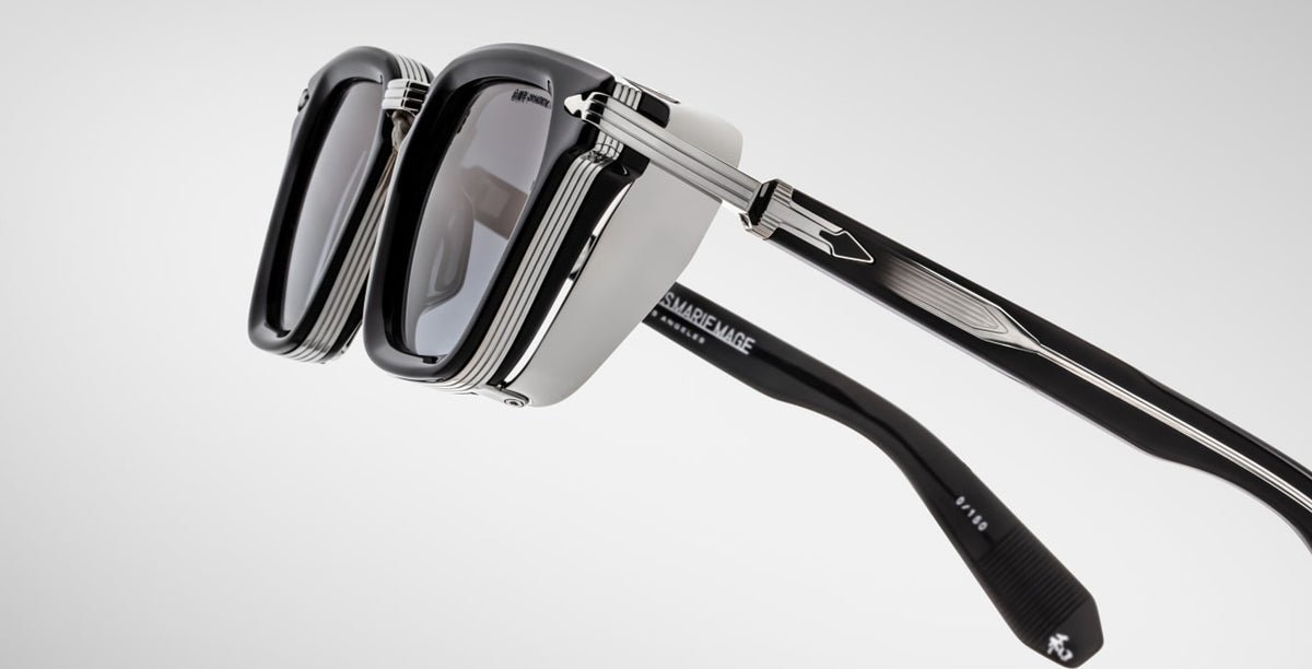 Jacques Marie Mage Borodino sunglasses, black and silver, thick rectangular frames, grey lenses, profile view.
