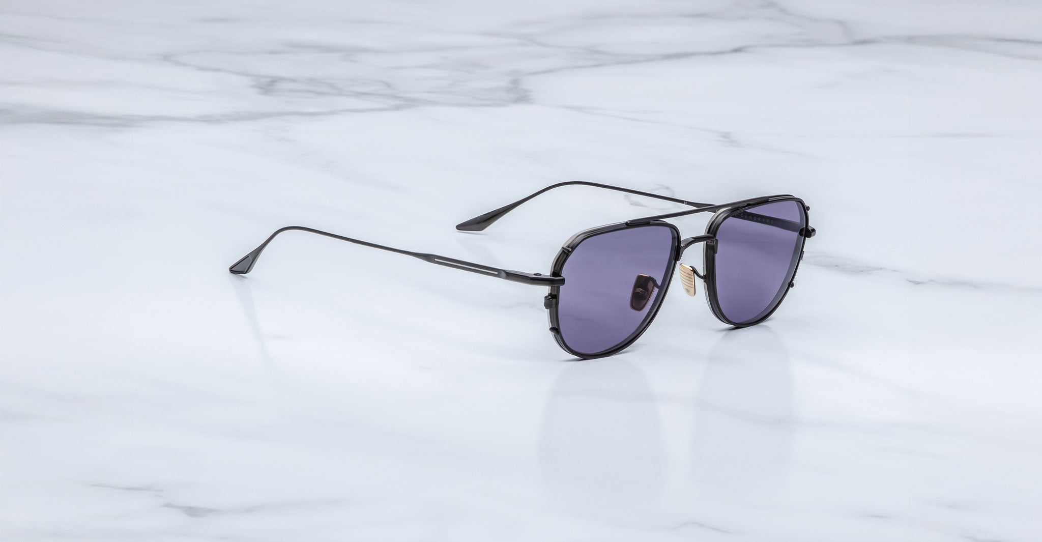 Jacques Marie Mage Cendrars sunglasses with purple lenses, top view, showcase brand and model name.