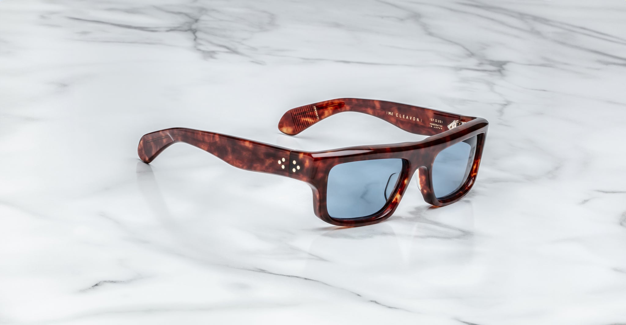 Jacques Marie Mage Cleavon 57 rectangular tortoiseshell sunglasses with blue lenses, front view.