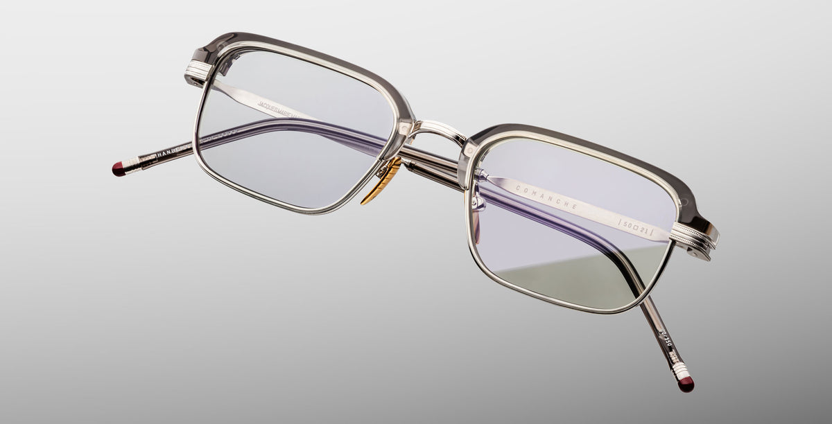 Jacques Marie Mage Comanche in Tempest rectangular silver metal eyeglasses with clear lenses, front view.