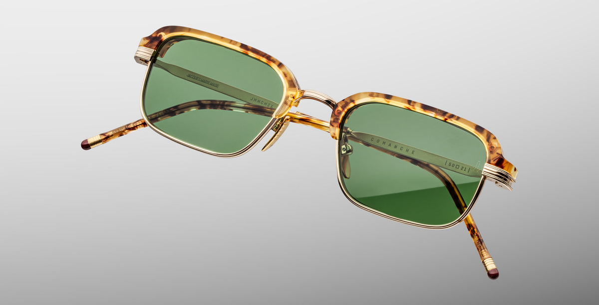 Jacques Marie Mage Comanche in Vintage Tortoise rectangular tortoiseshell sunglasses with green lenses, front view showing full frame and lens color.