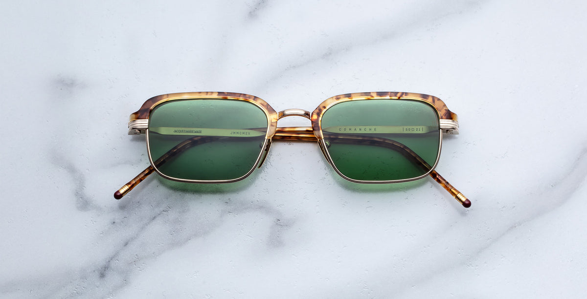 Jacques Marie Mage Comanche in Vintage Tortoise rectangular sunglasses with green lenses, front view.