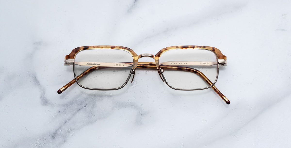 Jacques Marie Mage Comanche in Vintage Tortoise square tortoiseshell eyeglasses with metal accents, top-down view.