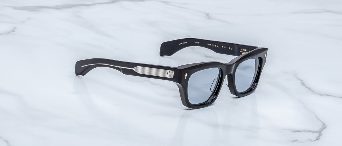 Jacques Marie Mage Dealan 53 black rectangular sunglasses with silver arms, shown from the front angle.
