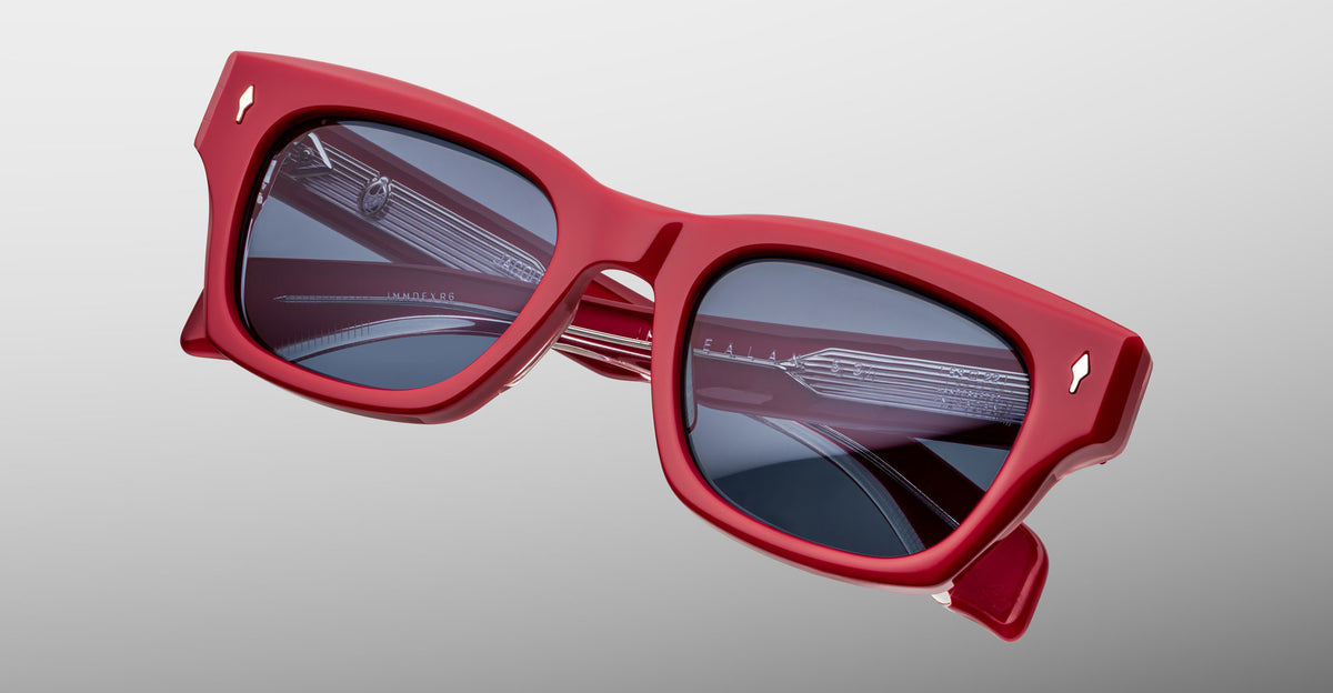 Jacques Marie Mage Dealan 53 red rectangular sunglasses with dark lenses, front view.