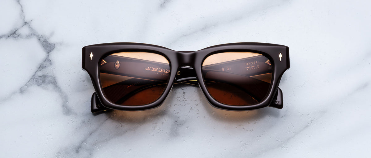Jacques Marie Mage Dealan 53 black square sunglasses with brown lenses, top view.