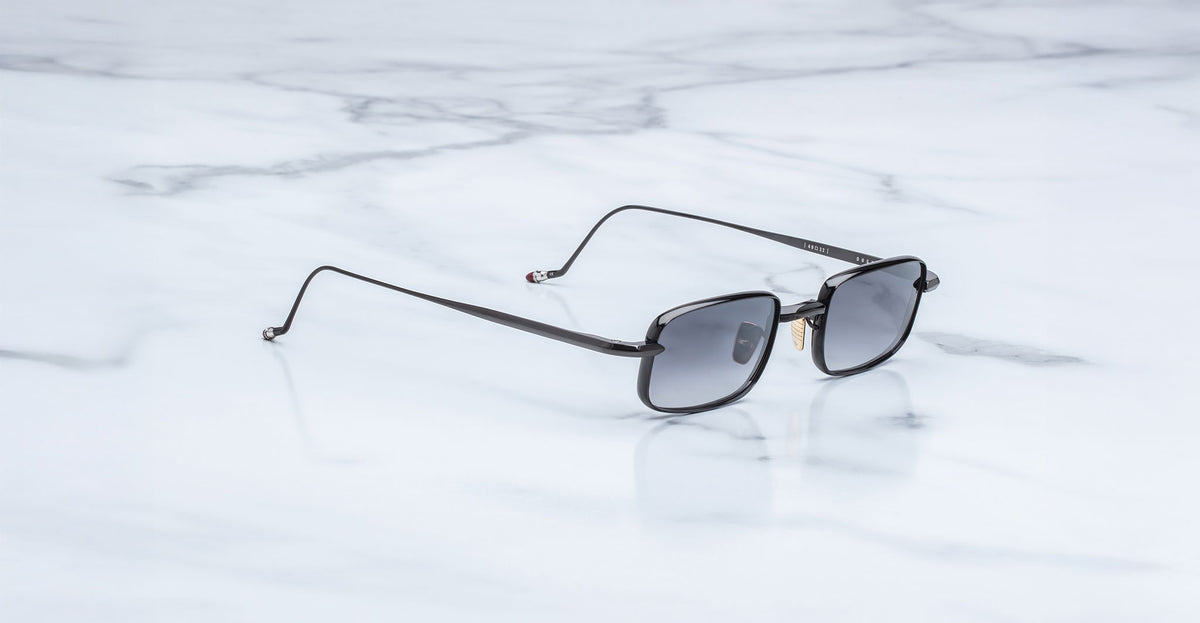Jacques Marie Mage Dusk sunglasses, black metal square frames, top-front view.