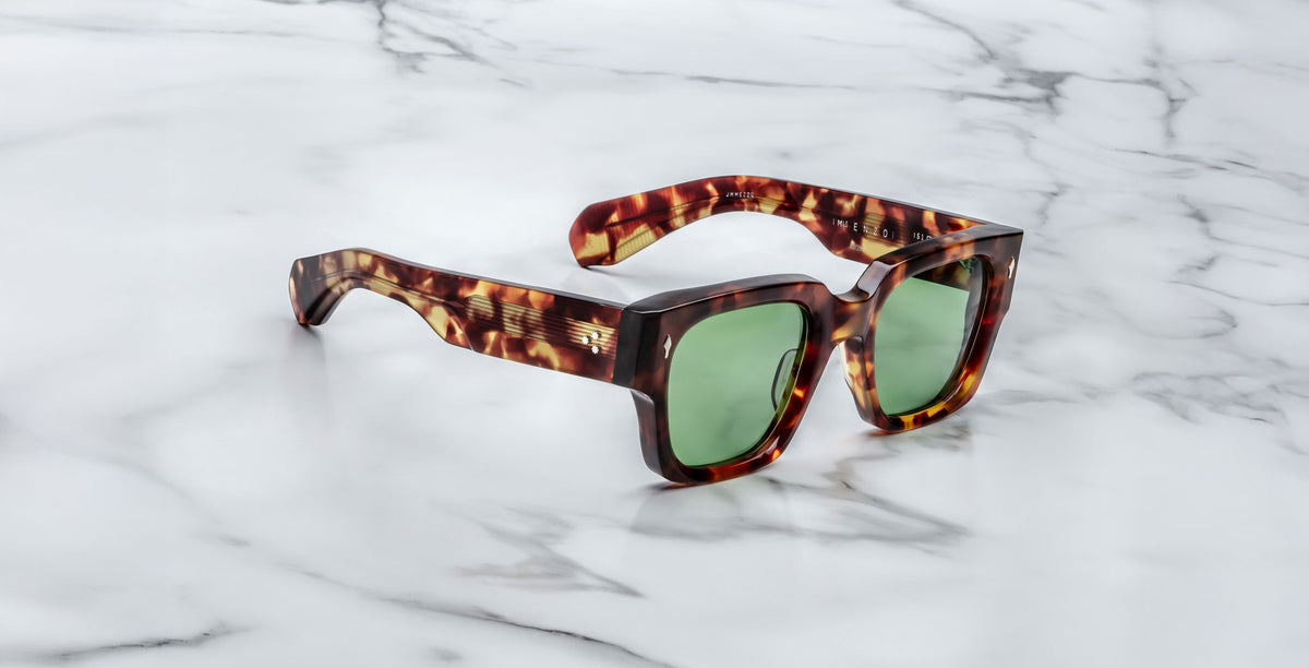 Jacques Marie Mage Enzo tortoiseshell sunglasses with green lenses, top view.