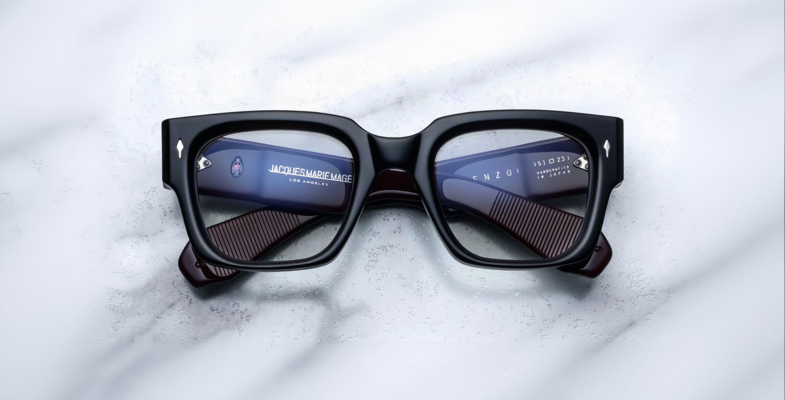 Jacques Marie Mage Enzo black thick-rimmed eyeglasses, top view, classic design, acetate frame.