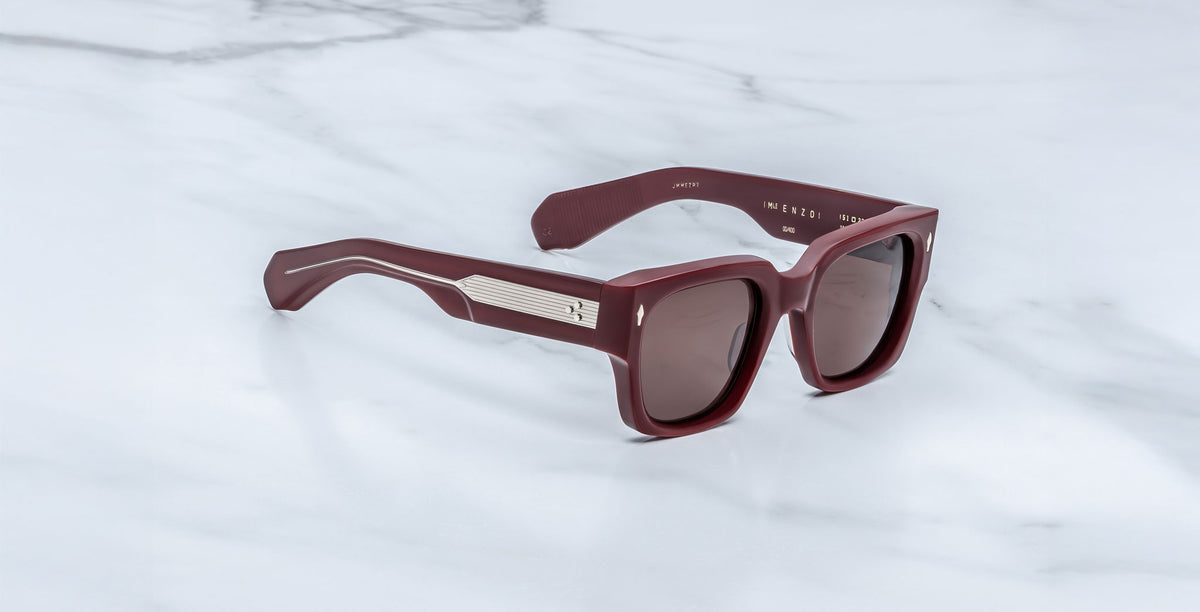 Jacques Marie Mage Enzo sunglasses, burgundy rectangular frames with chunky design and metallic temples, front view.