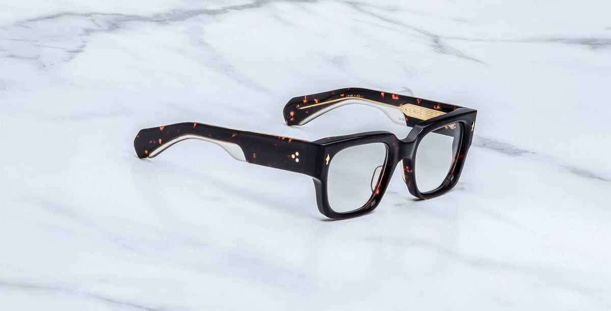 Jacques Marie Mage Enzo eyeglasses with thick rectangular tortoiseshell frames, top view.