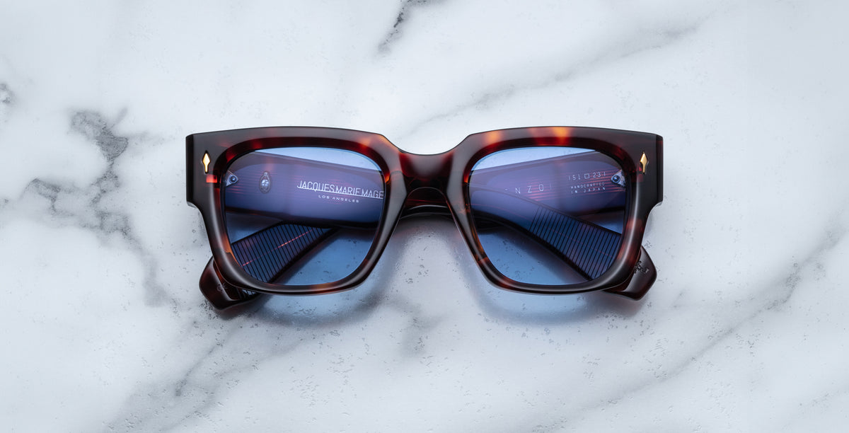 Jacques Marie Mage Enzo rectangular tortoiseshell sunglasses with blue lenses, front view.