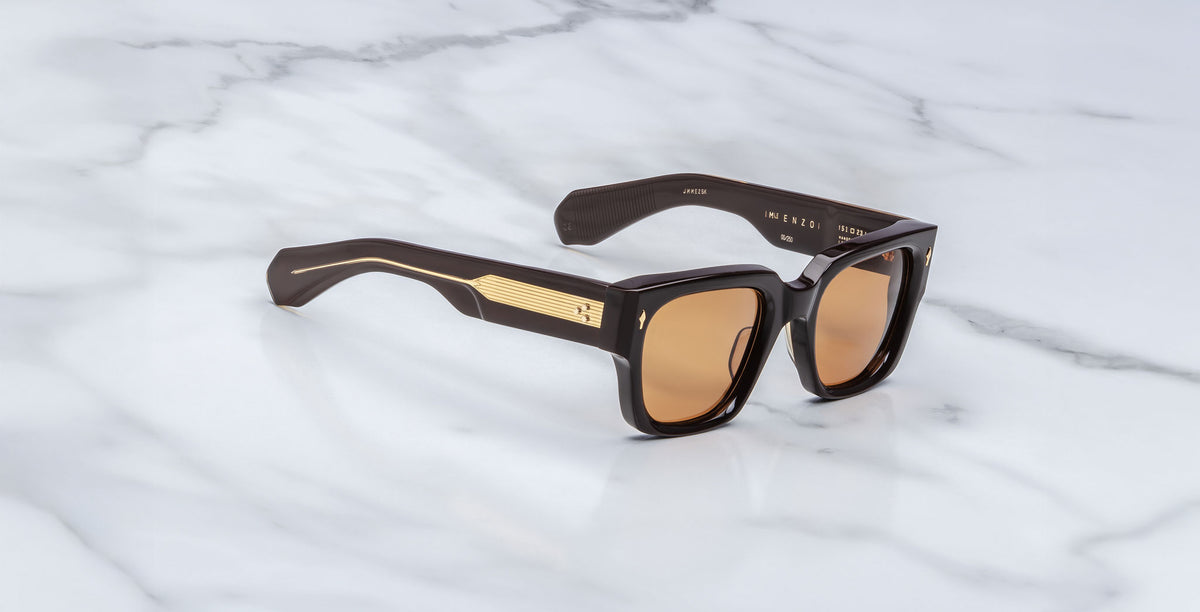Jacques Marie Mage Enzo black square sunglasses with gold accents, front view.