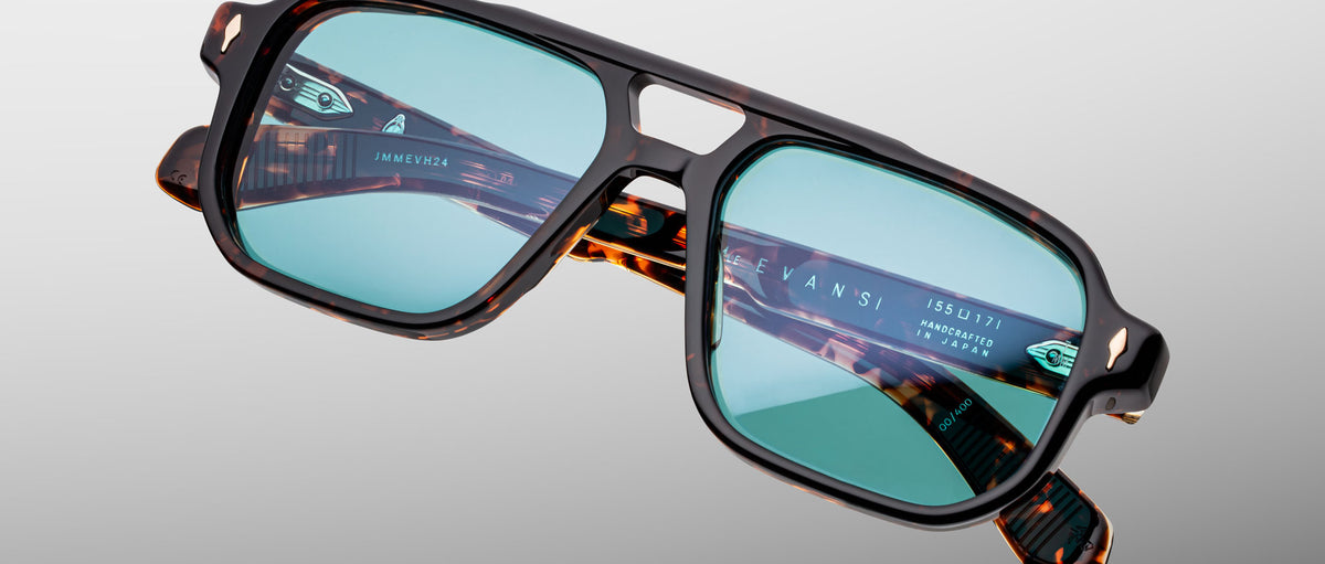 Jacques Marie Mage Evans tortoiseshell sunglasses with blue lenses, front view showing classic rectangular frame.