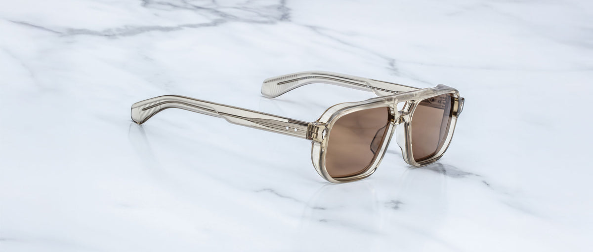 Jacques Marie Mage Evans beige sunglasses with brown lenses, top view showing full frame and lenses.