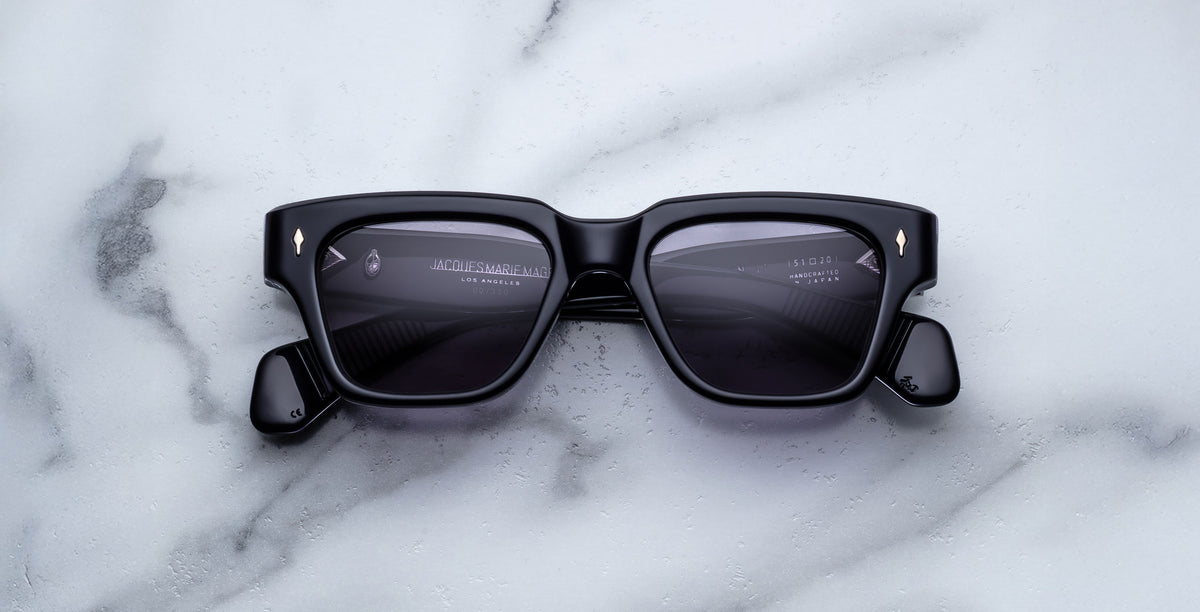 Jacques Marie Mage Fellini rectangular sunglasses with UV lenses, top view.