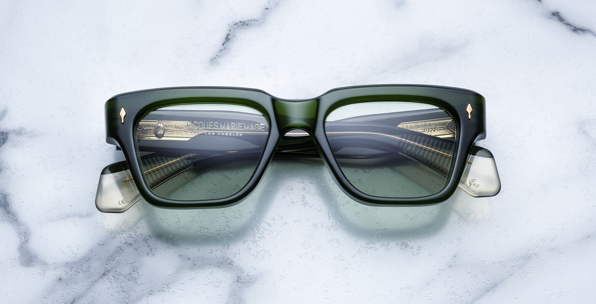 Jacques Marie Mage Fellini olive green square sunglasses with thick frames, front view.