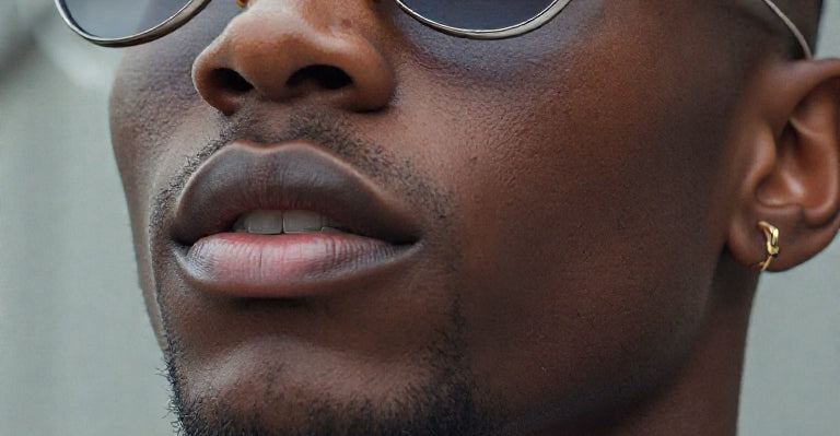 Close-up of a male model wearing Jacques Marie Mage Flynn sunglasses in silver, with a confident expression in an outdoor setting
