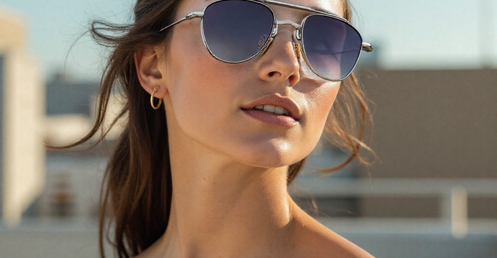 Model wearing Jacques Marie Mage Flynn sunglasses in silver with a relaxed outdoor setting.