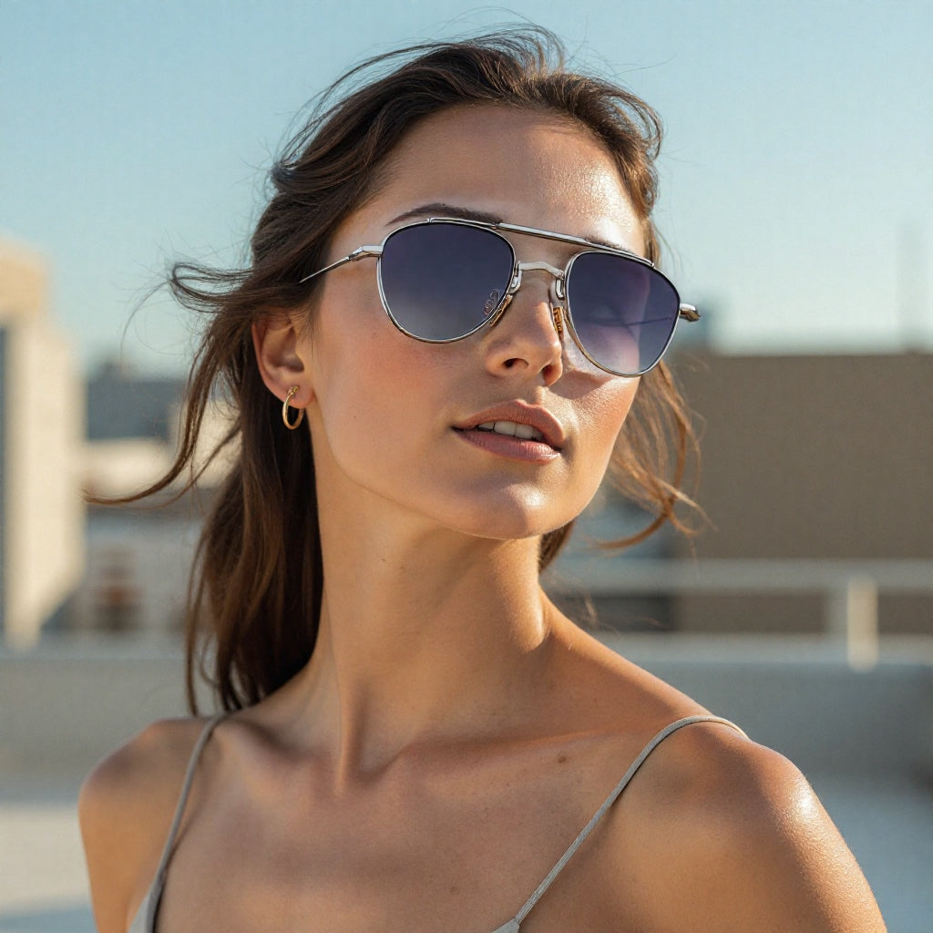Model wearing Jacques Marie Mage Flynn sunglasses in silver with a relaxed outdoor setting.