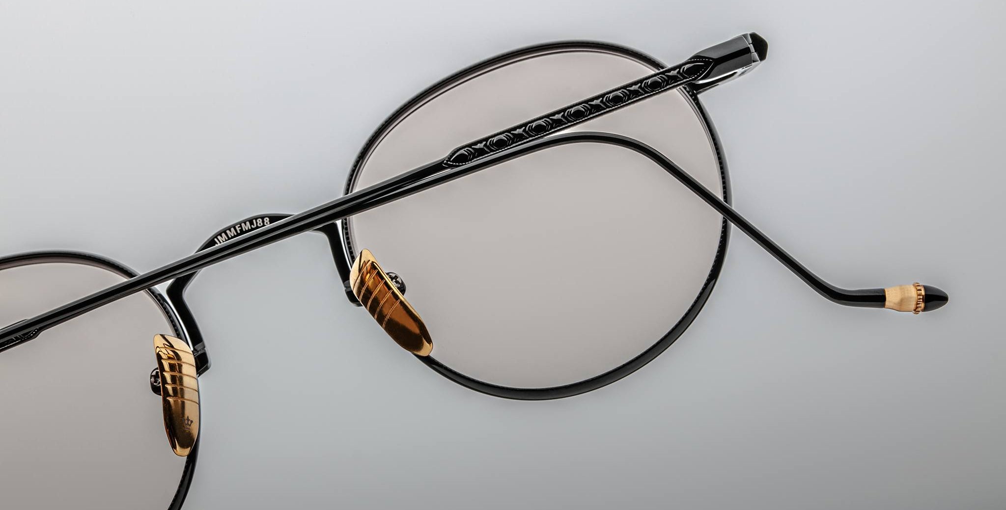 Close-up of Jacques Marie Mage Full Metal Jacket eyeglasses, back view of the engraved temples.
