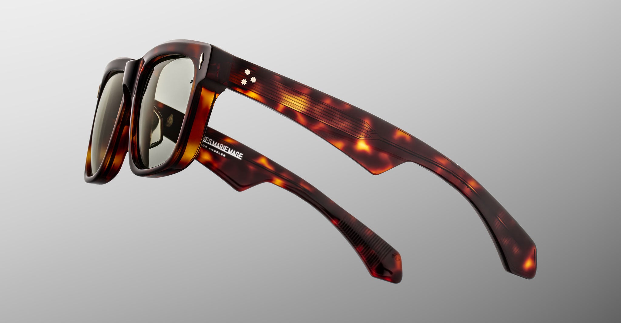 Jacques Marie Mage Hyannis in Tenace sunglasses, tortoiseshell pattern, thick angular frames, UV protection, front view.