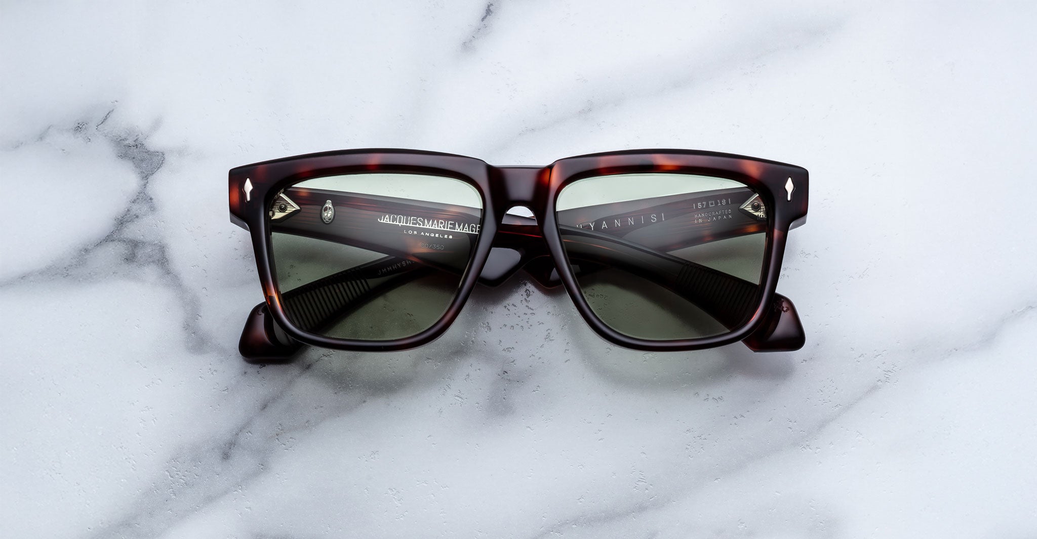 Jacques Marie Mage Hyannis in Tenace square tortoiseshell sunglasses with dark lenses, top-front view, UV protection.