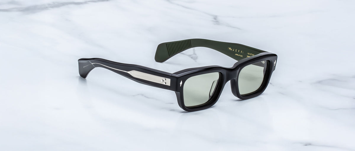 Jacques Marie Mage Jeff in Cobra angle view showing silver inserts against the black temples