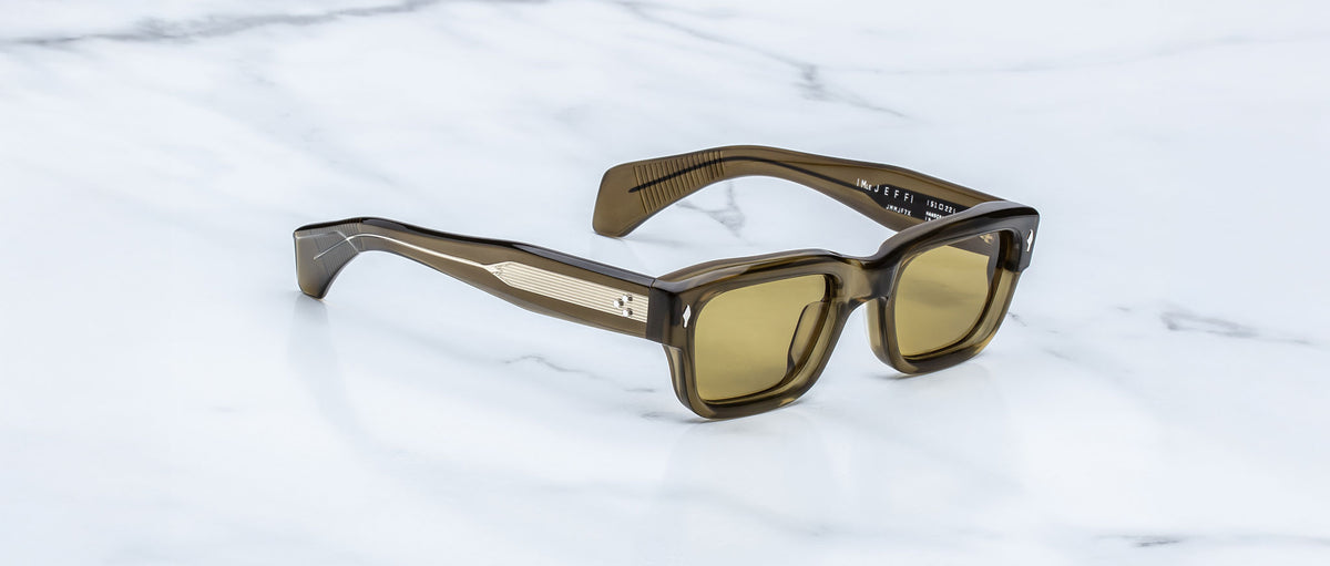 Jacques Marie Mage Jeff in Volovox side view of rectangular olive-colored sunglasses with amber lenses