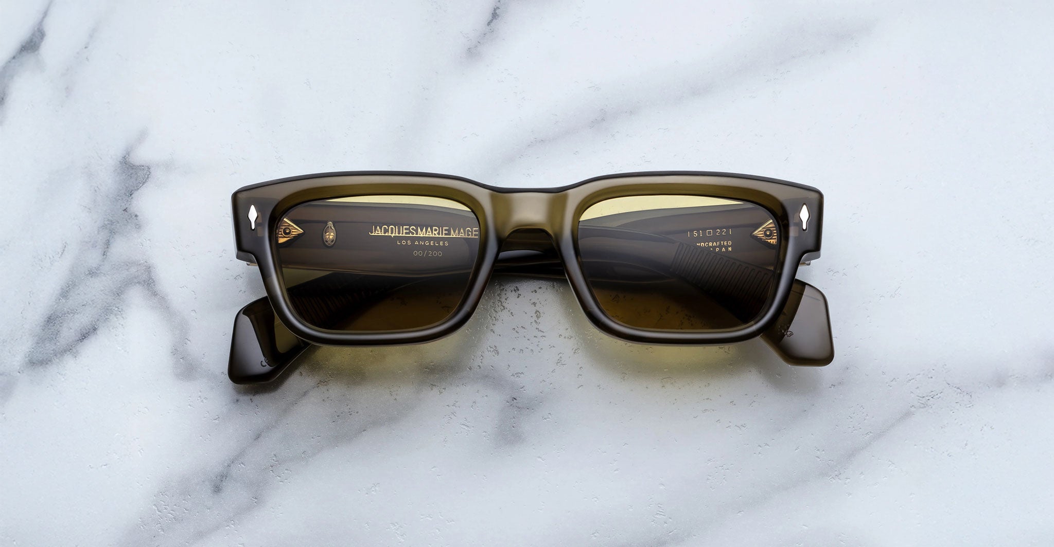 Jacques Marie Mage Jeff in Volovox rectangular olive-colored sunglasses with amber lenses