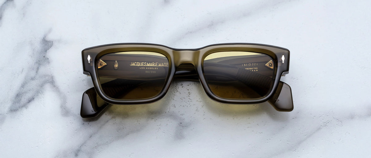 Jacques Marie Mage Jeff in Volovox rectangular olive-colored sunglasses with amber lenses