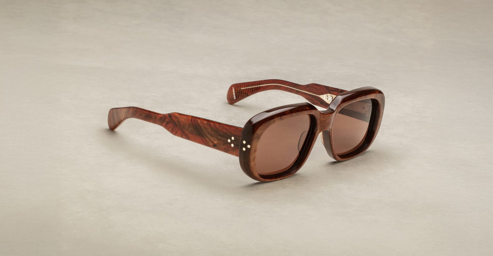Jacques Marie Mage Kobo rectangular sunglasses, brown wood-patterned thick frames, lenses, front view.