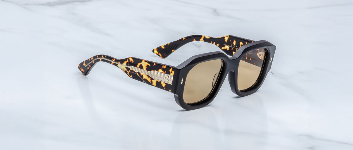 Jacques Marie Mage Lacy sunglasses, thick tortoiseshell frames, gold accents, front view.